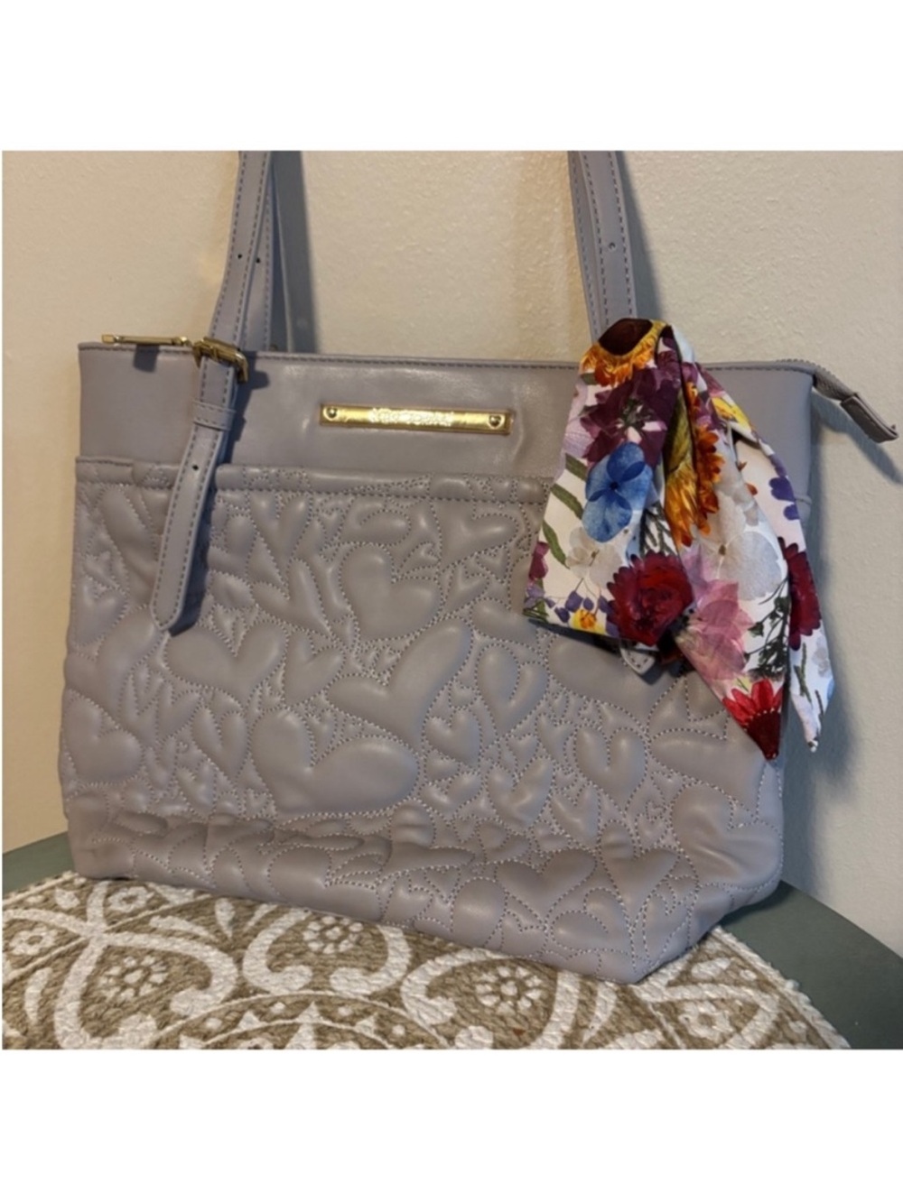 Betsey Johnson Purplish Grey Quilted Tote Bag with Floral Accent Twilly - Picture 2 of 6